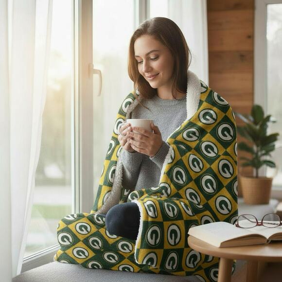 Green Bay Packers Quilted Sherpa Throw Blanket 60x80 Super Plush NFL Licensed - Picture 2 of 4